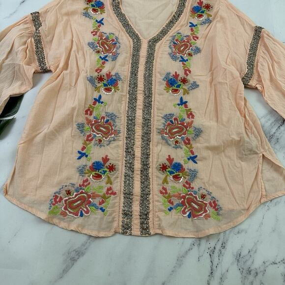 Soft Surroundings Embroidered Blouse Top Size M Orange Blue Beaded Boho Floral - Picture 5 of 13